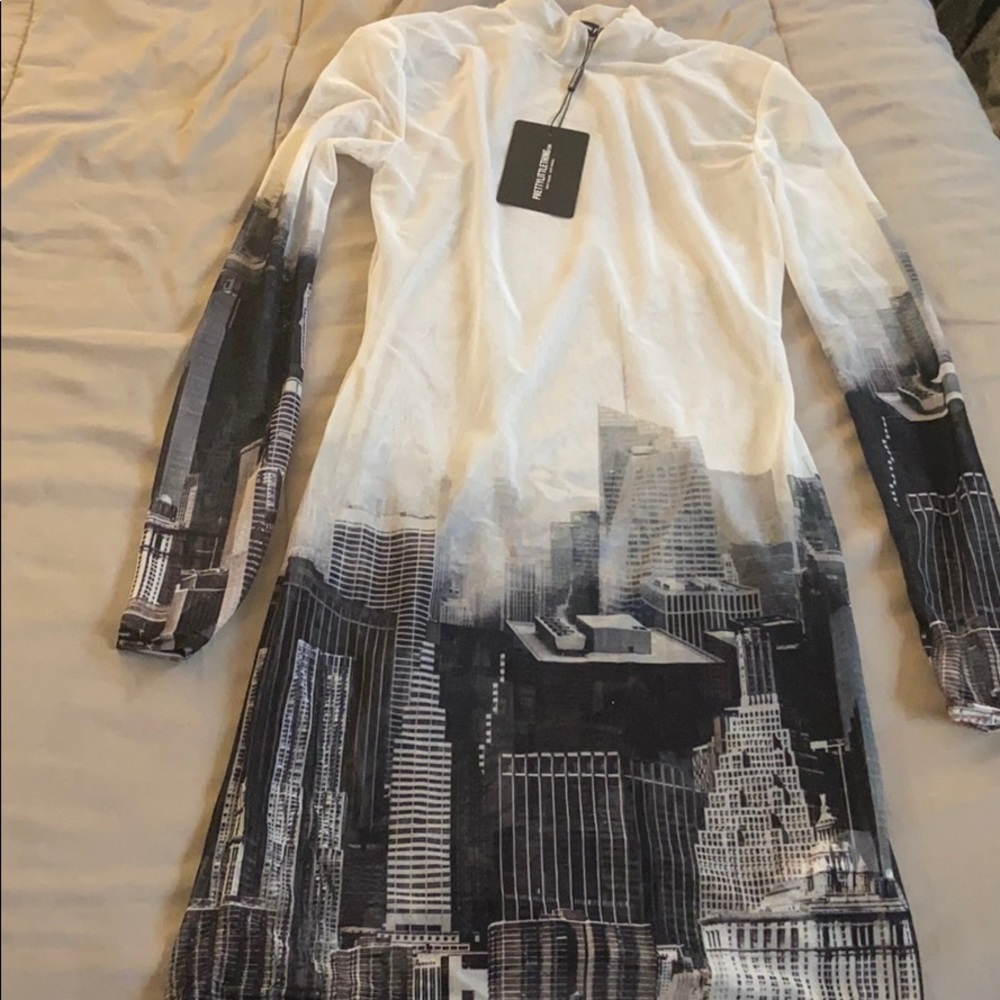 Mesh city Print Turtle Neck Mini Dress